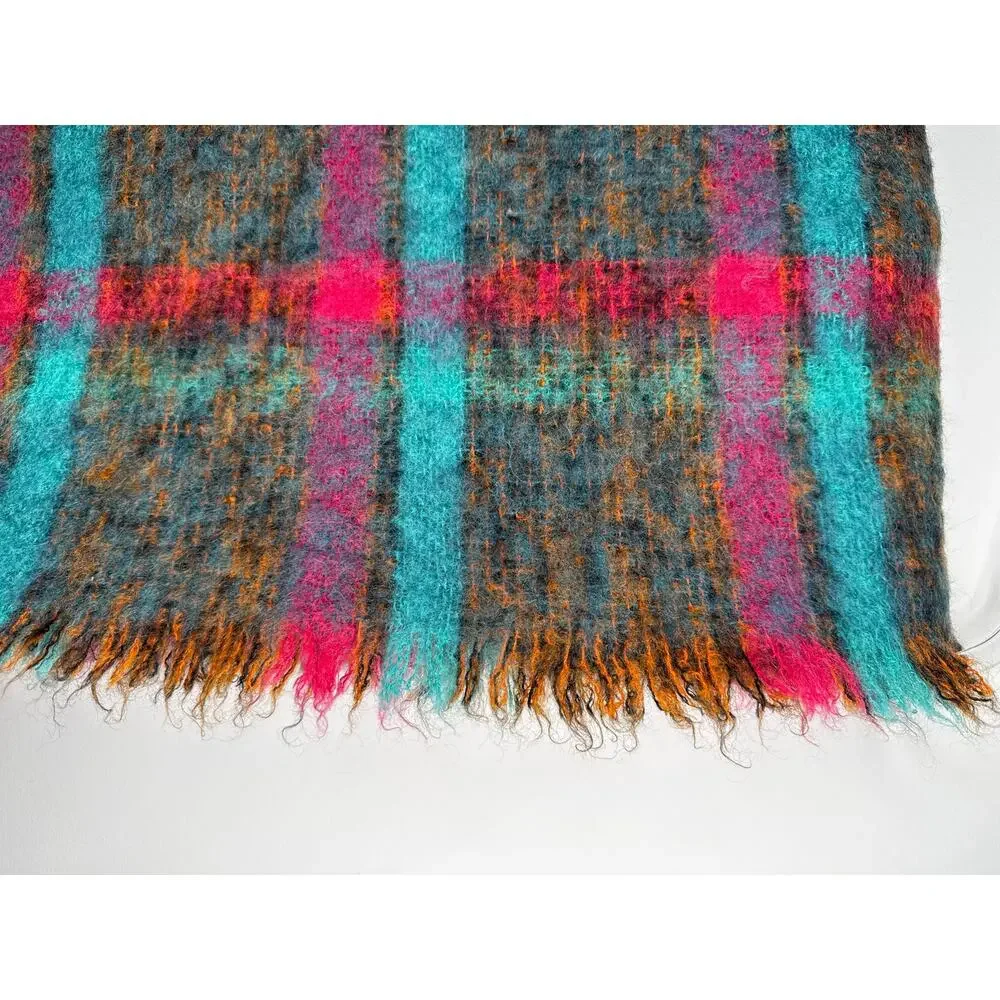 1980s Donegal Design Hand Woven Mohair Wool Plaid Scarf Ireland 60x70